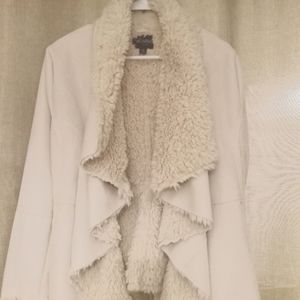 Women's Latte Black Cream Colored Sherpa Lined Jacket with Cascading Front Med.